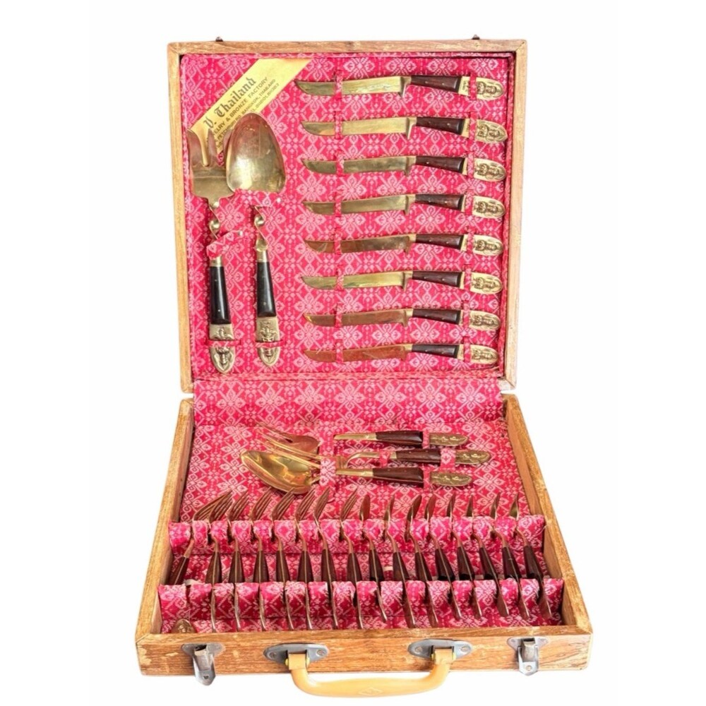 Vintage V. Thailand Jewelry & Bronze Factory Siam Bronze Flatware Set w/ Case